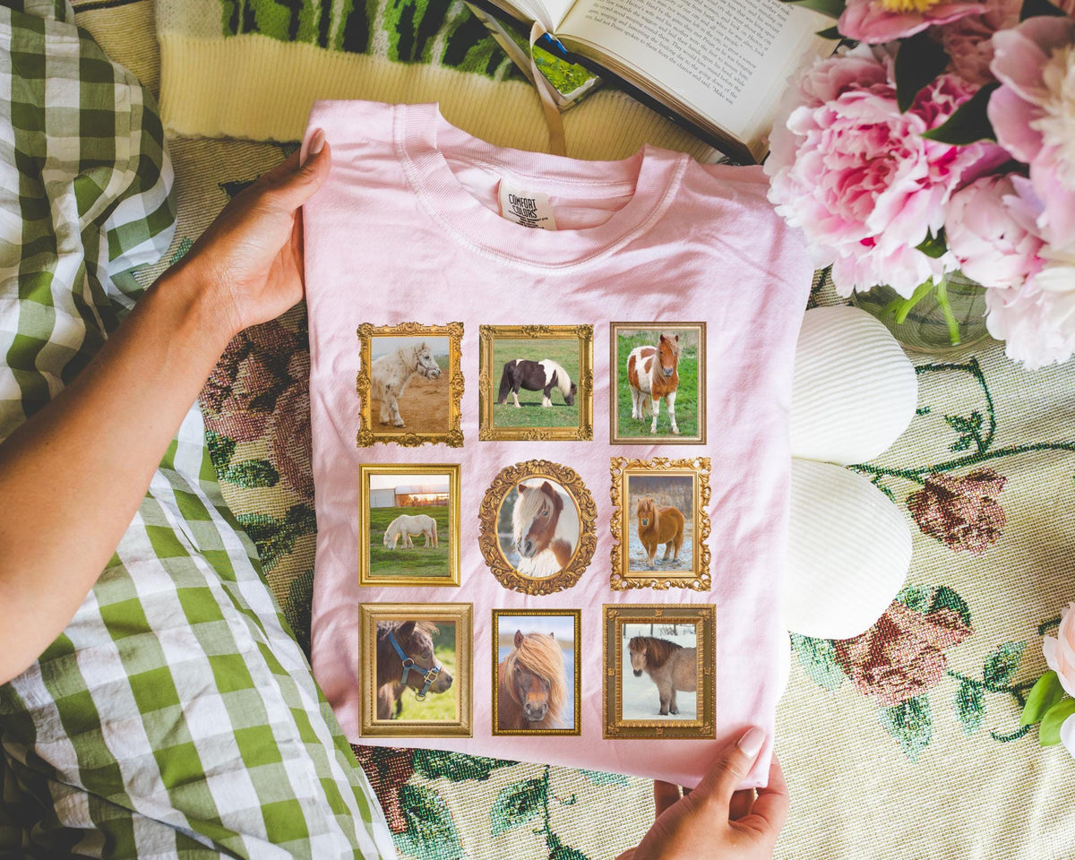 Silly Miniature Horse Lover Tee Shirt Funny Wall Gallery Aesthetic Framed Portraits of Cute Mini Horses Adorable Animal Lover TShirt Graphic Tee – Cozy Vibes · Great Gift For Fans