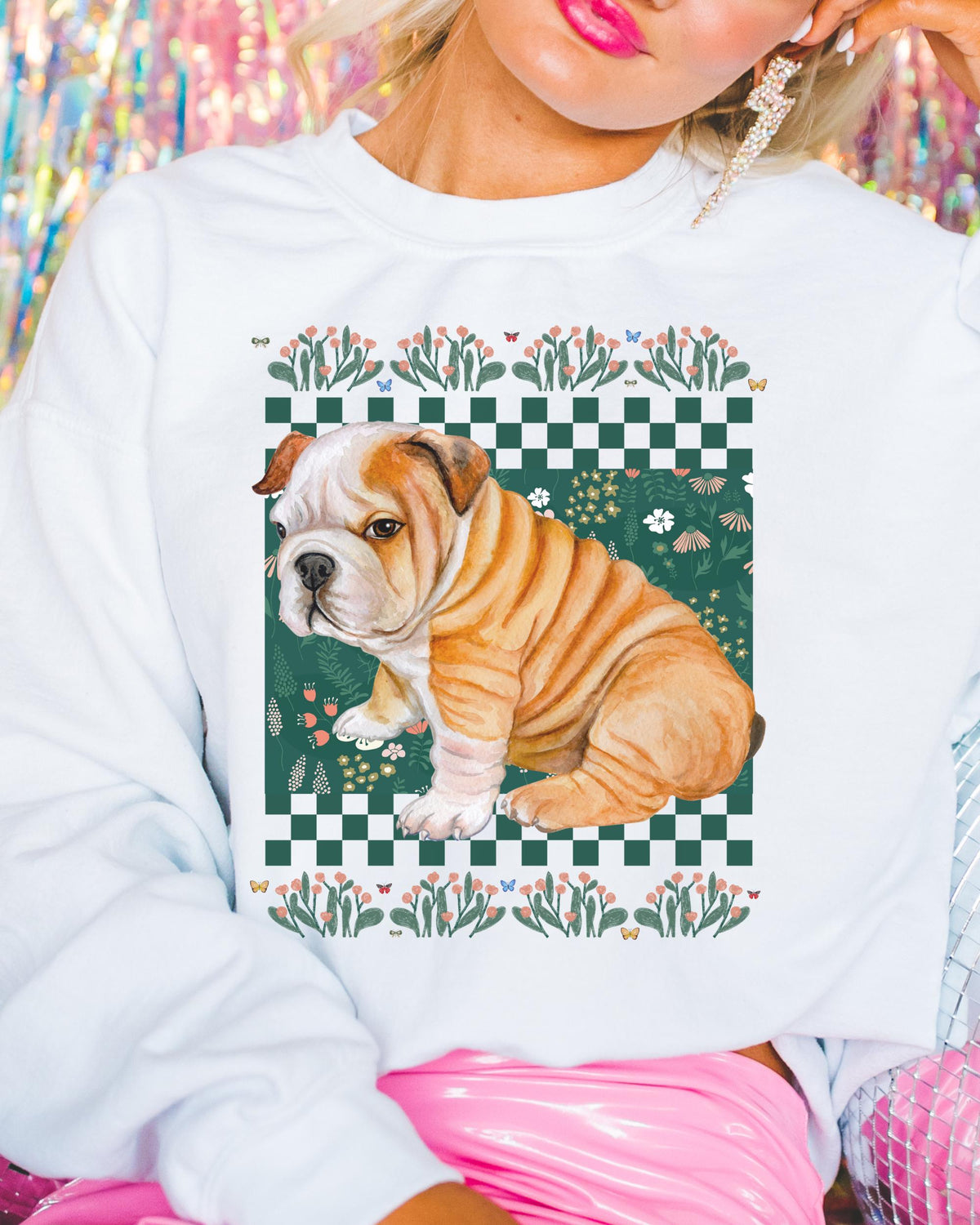 Funny English Bulldog Sweatshirt Friend Who Loves Dogs and Cool 90s Aesthetics Adorable and Cute Puppy Crewneck Butterflies and Flowers Sweatshirt – Aesthetic Look · High-Quality Print