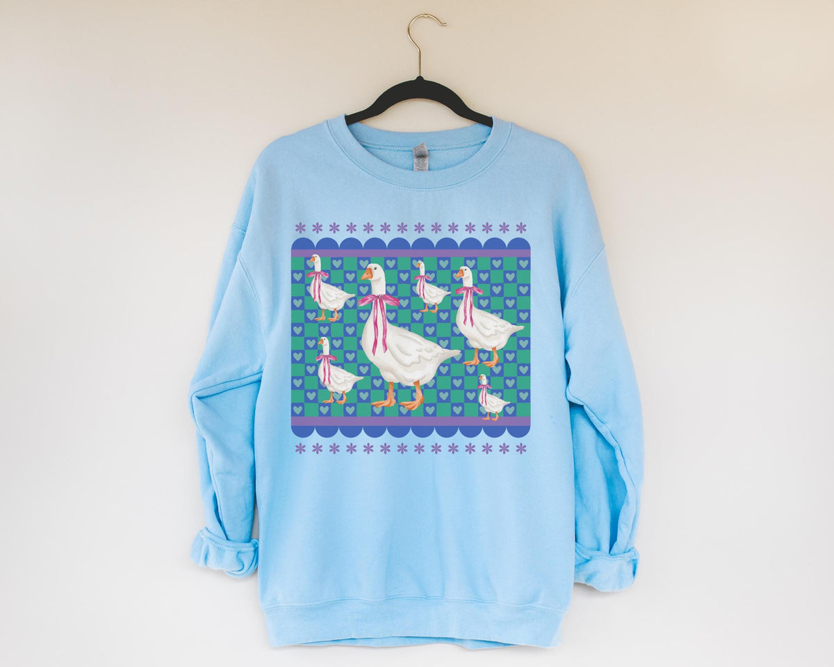 Nostalgic Silly Goose Sweatshirt with Cute Coquette Bows and Adorable Doodle Hearts 90s Aesthetic Soft Girl Style Shirt for Animal Lover Sweatshirt – Everyday Comfort · Perfect For Daily Wear