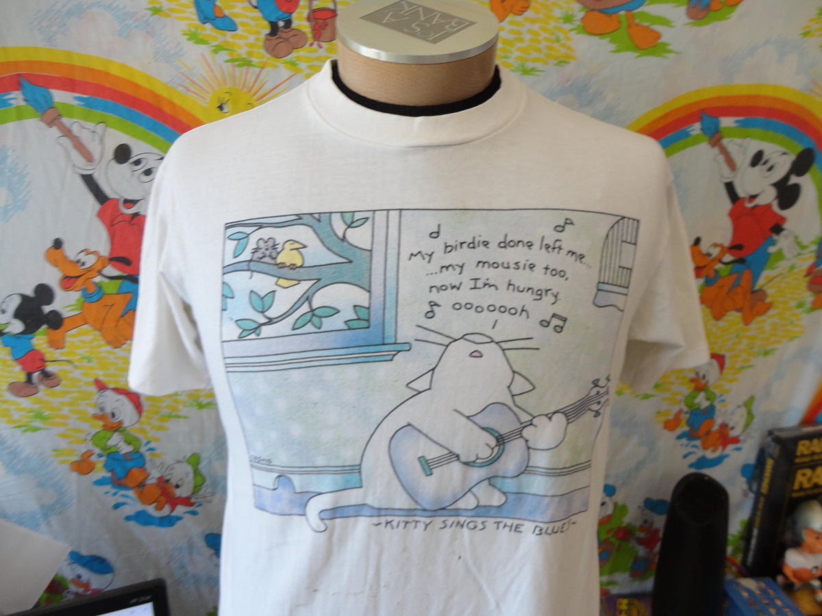 Vintage Rad 8039s 9039s quotKitty Sings the Bluesquot Funny Cat Cosmo Comic Playing Guitar Made in USA single stitched tshirt M Graphic Tee – Easygoing Wear · High-Quality Print