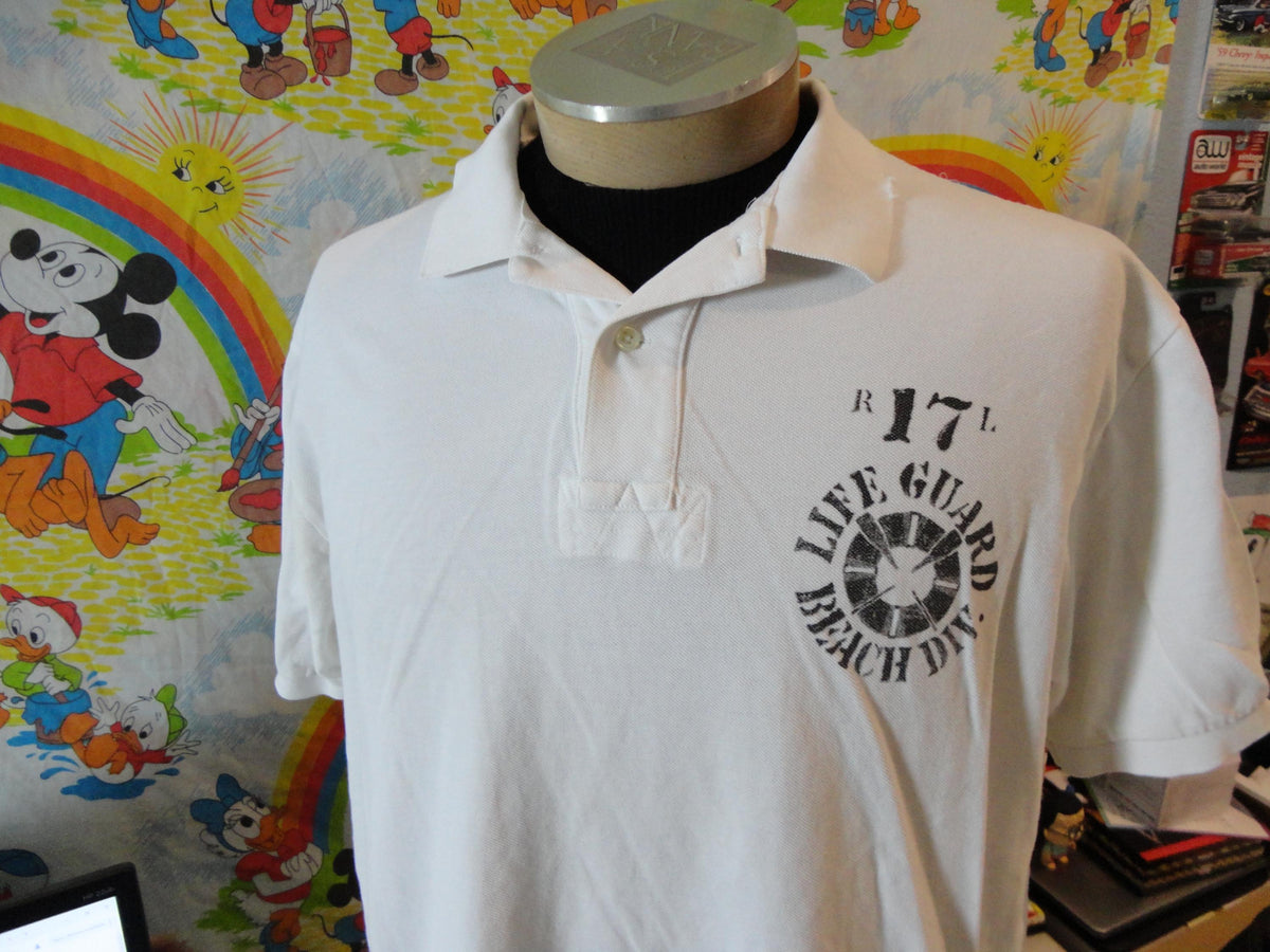 Vintage Polo Ralph Lauren Mens Distressed Polo Shirt Sz XL White Lifeguard Beach 30 Guard Graphic Tee – Everyday Comfort · High-Quality Print