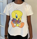Vintage 90s Looney Tunes Tweety white Tshirt modeled size M Graphic Tee – Feel-Good Design · Must-Have Style