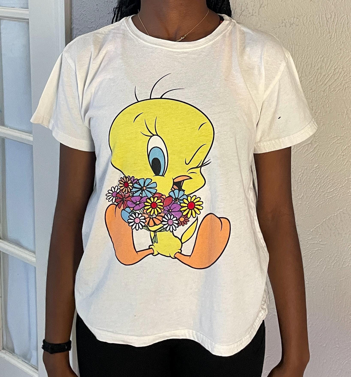 Vintage 90s Looney Tunes Tweety white Tshirt modeled size M Graphic Tee – Feel-Good Design · Must-Have Style