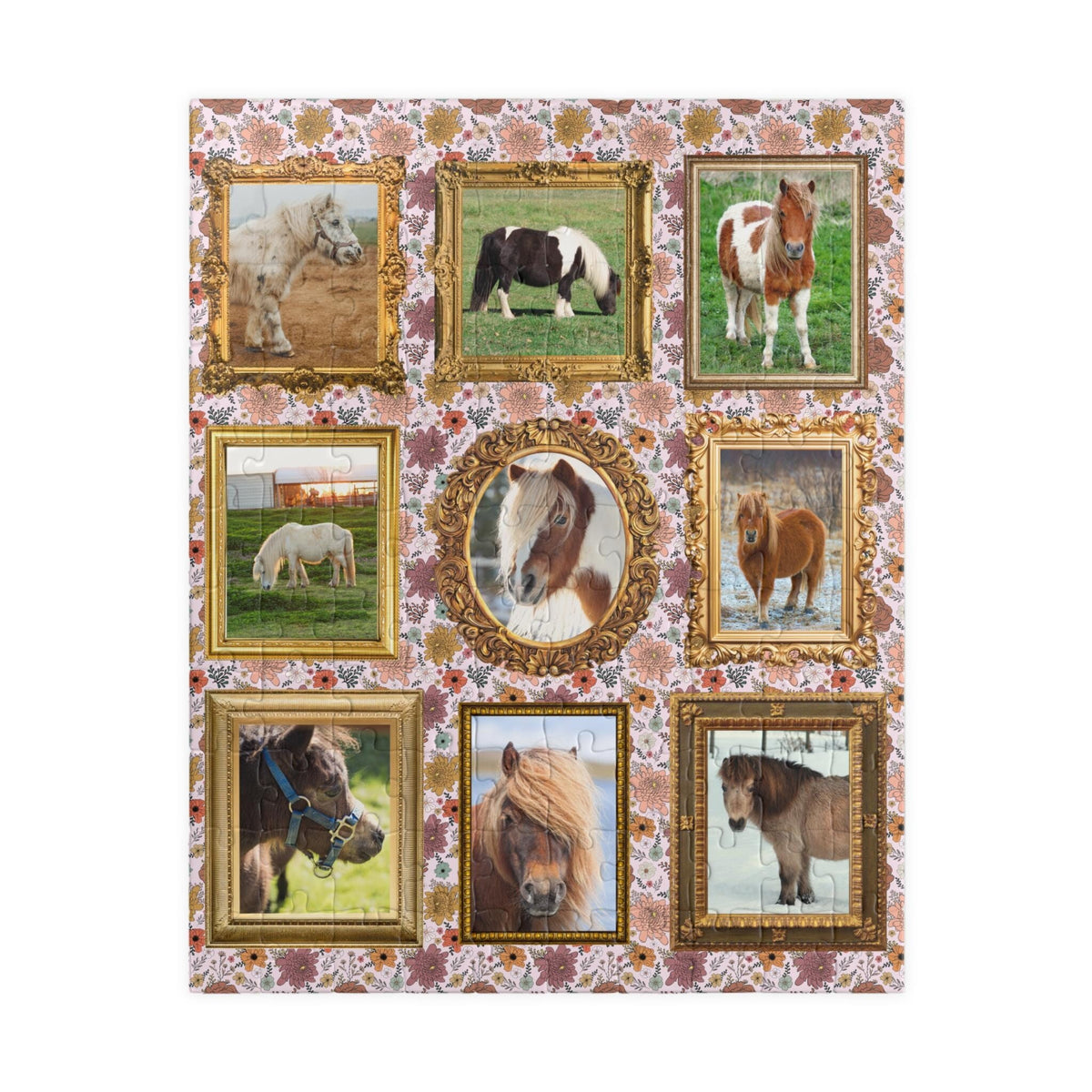 Silly Miniature Horse Lover Puzzle Funny Wall Gallery Aesthetic Framed Portraits of Cute Mini Horses Adorable Animal Lover Floral Puzzle Graphic Tee – Cozy Vibes · Perfect For Daily Wear