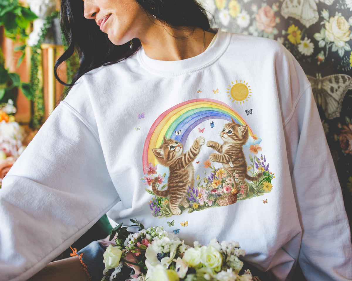 Floral Kitten Lover Sweatshirt with Flowers and Colorful Rainbow Kitschy 90s Throwback Crewneck with Butterflies Cat Mom or Cat Dad Gift Sweatshirt – Cozy Vibes · Must-Have Style