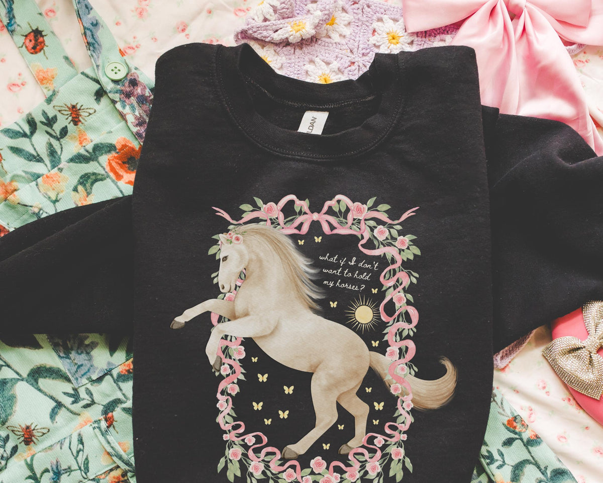 Funny Horse Lover Sweatshirt for Feminist Boho Women39s Rights Crewneck Animal Lover Butterfly Lover 90s Aesthetic White Horse in Flowers Sweatshirt – Bold Style · Great Gift For Fans