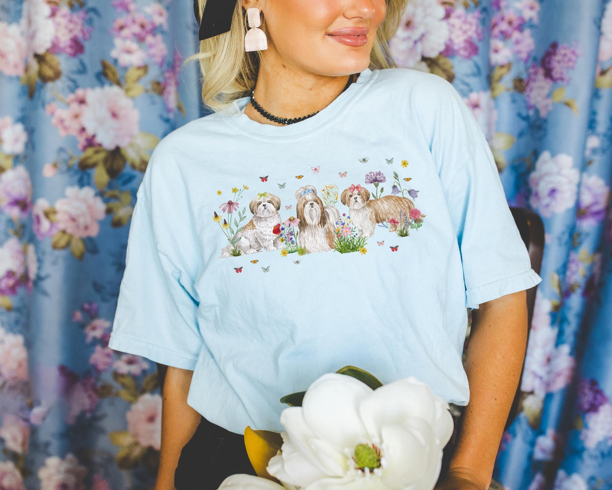 Floral Shih Tzu Tee Shirt for Friend Who Loves Pet Dog Adorable Puppy Mom Gift Cute Dog Mama Present Butterfly Lover Eclectic Grandma Graphic Tee – Bold Style · Must-Have Style