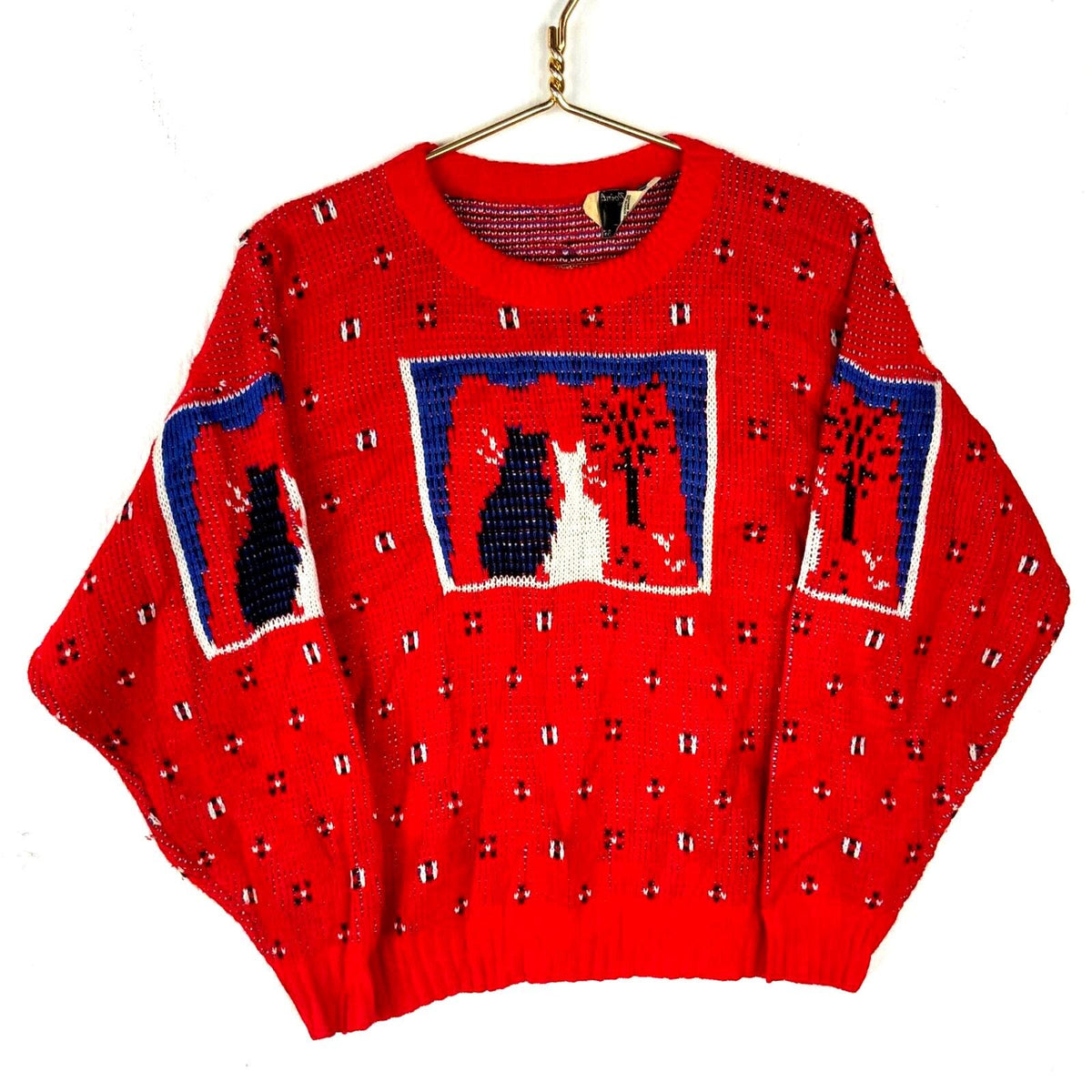 Vintage Grandma Knit Sweater Womens Small Red Crewneck Pattern Cats 90s Graphic Tee – Aesthetic Look · High-Quality Print