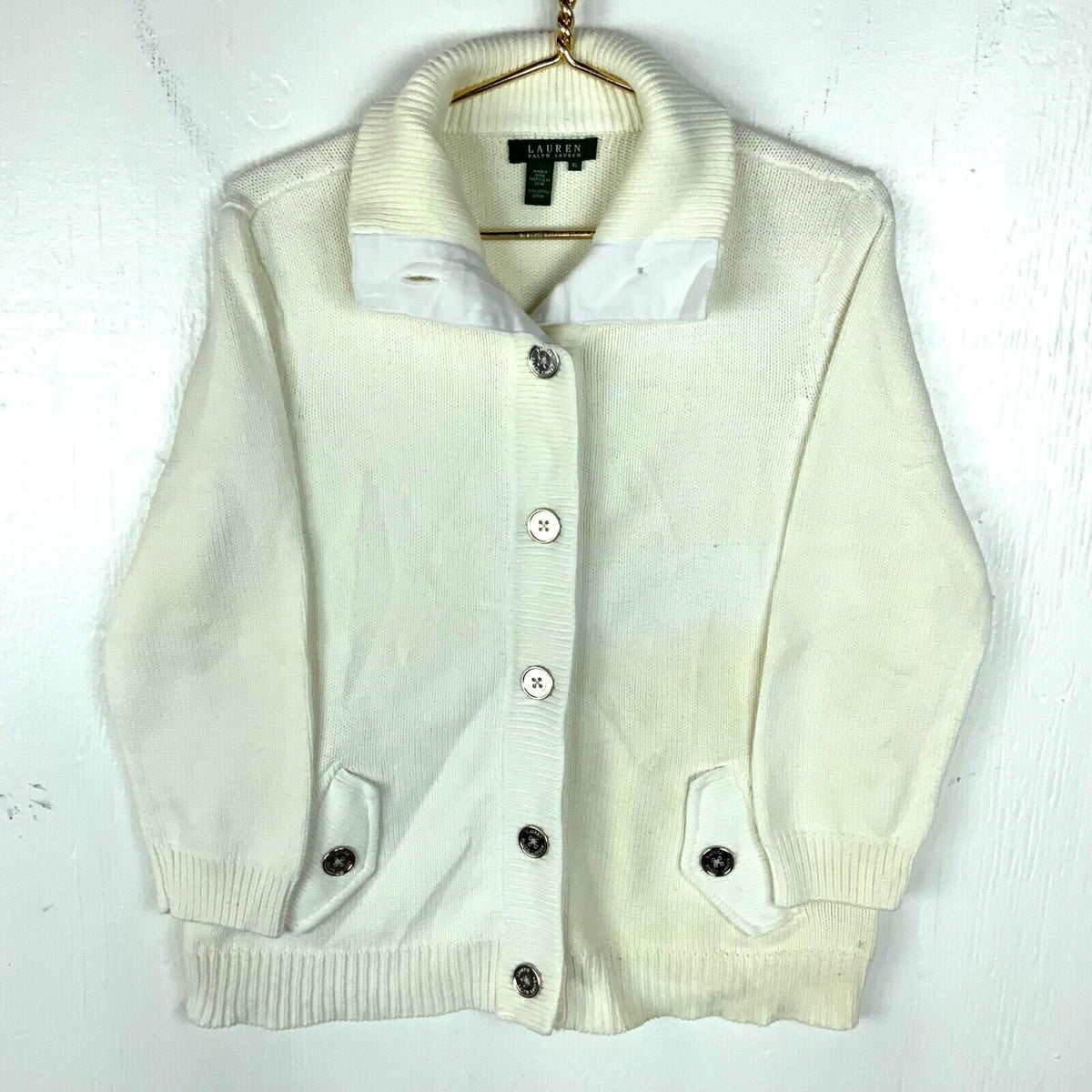 Vintage Lauren Ralph Lauren Knit Cardigan Sweater Womens XL White Graphic Tee – Warm & Stylish · Great Gift For Fans