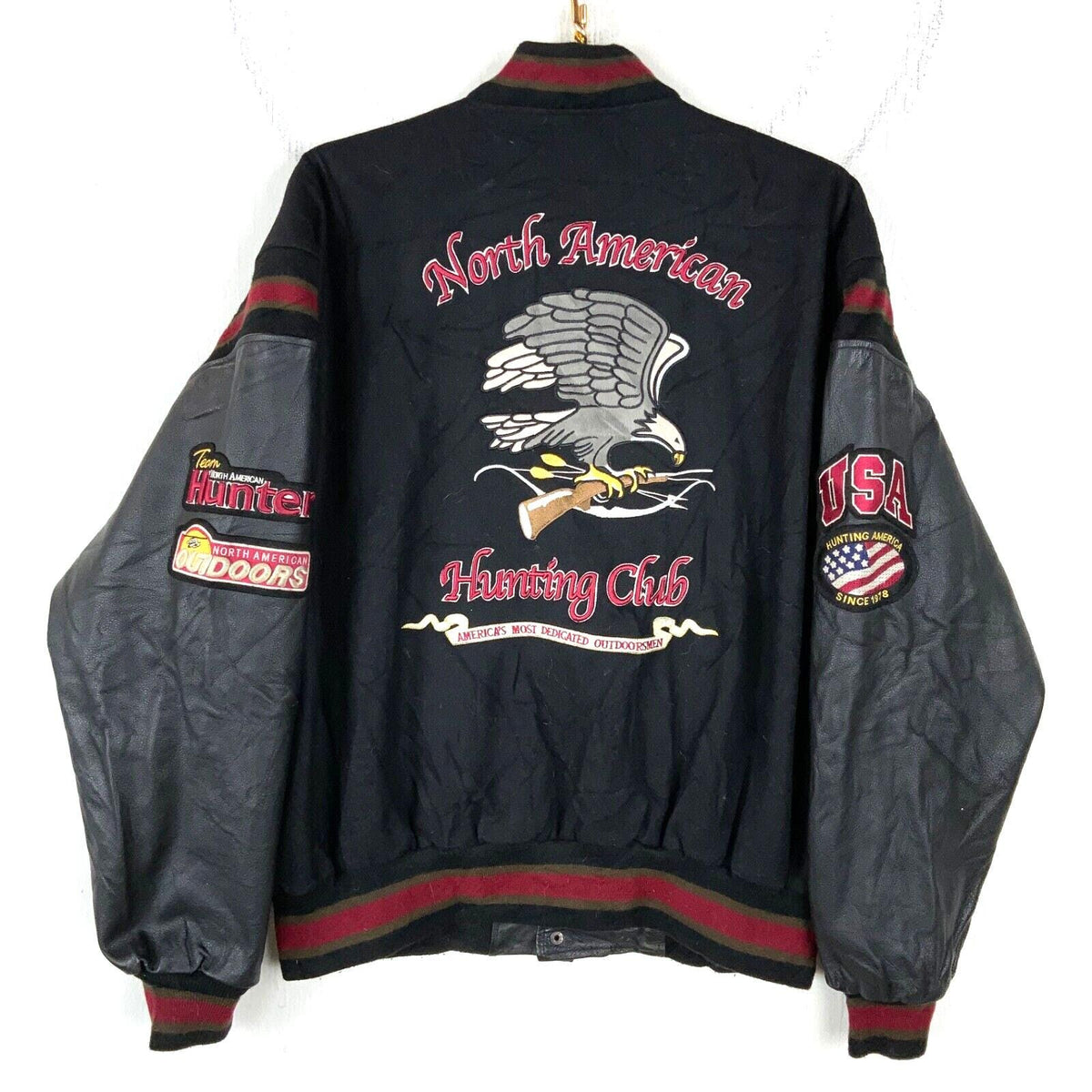Vintage North American Hunting Club Wool Leather Bomber Jacket Large Snap Button Graphic Tee – Premium Graphic · Trending Graphic Apparel