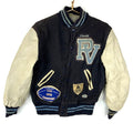 Vintage 1970s Wool Leather Varsity Bomber Jacket Size Small Blue Snap Button Graphic Tee – Soft Feel · High-Quality Print