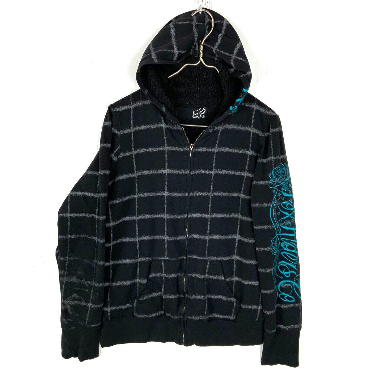 Y2K Fox Racing Sweatshirt Hoodie Womens Medium Black Checkered Full Zip Lined Hoodie – Warm & Stylish · Trending Graphic Apparel