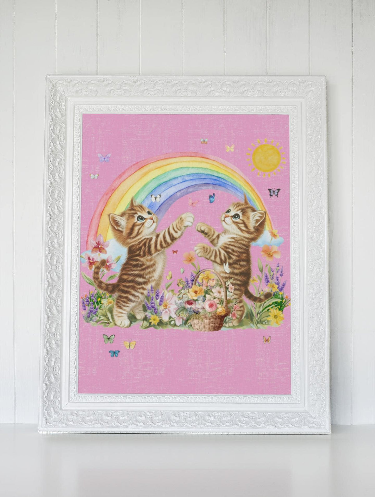 Floral Kitten Lover Poster Pint with Flowers and Colorful Rainbow Kitschy 90s Throwback Art Print with Butterflies Cat Mom or Cat Dad Gift Graphic Tee – Cozy Vibes · Perfect For Daily Wear