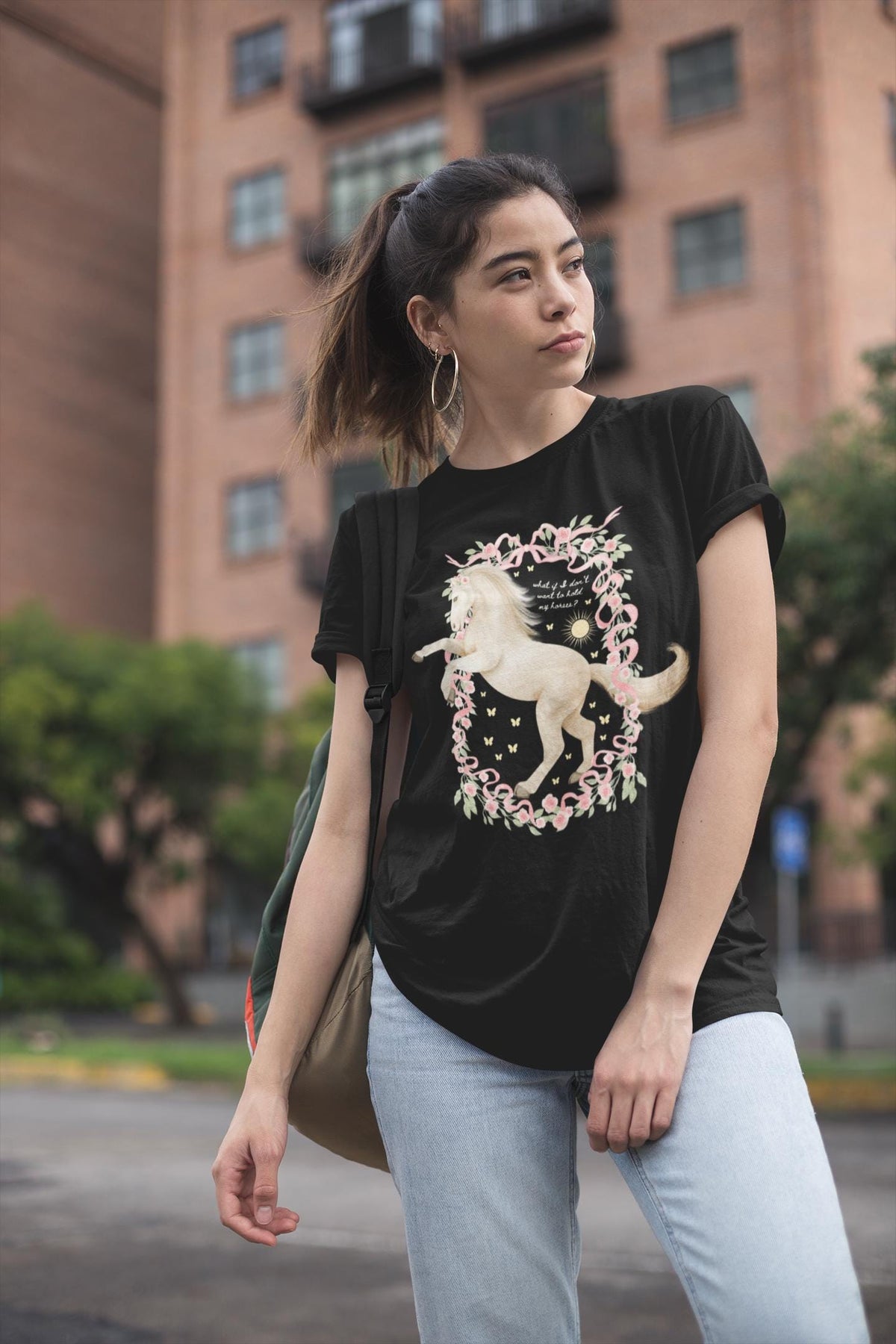 Funny Horse Lover Tee Shirt for Feminist Boho Women39s Rights TShirt for Animal Lover Butterfly Lover 90s Aesthetic White Horse in Flowers Graphic Tee – Easygoing Wear · Great Gift For Fans