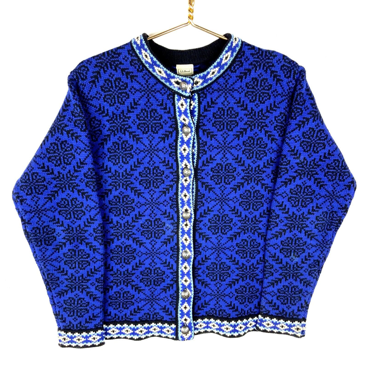 LL Bean Knit Cardigan Sweater Womens Medium Blue Pattern 90s Graphic Tee – Aesthetic Look · Top Pick For Any Outfit