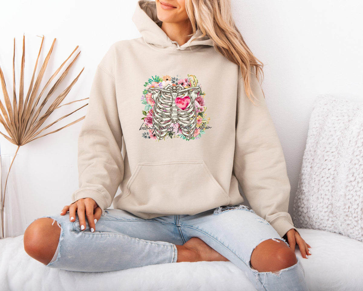 Stylish Floral Skeleton Heart Hoodie for Women Graphic Mental Health Awareness Design Comfortable Casual Sweatshirt Gift for Her Hoodie – Soft Feel · High-Quality Print
