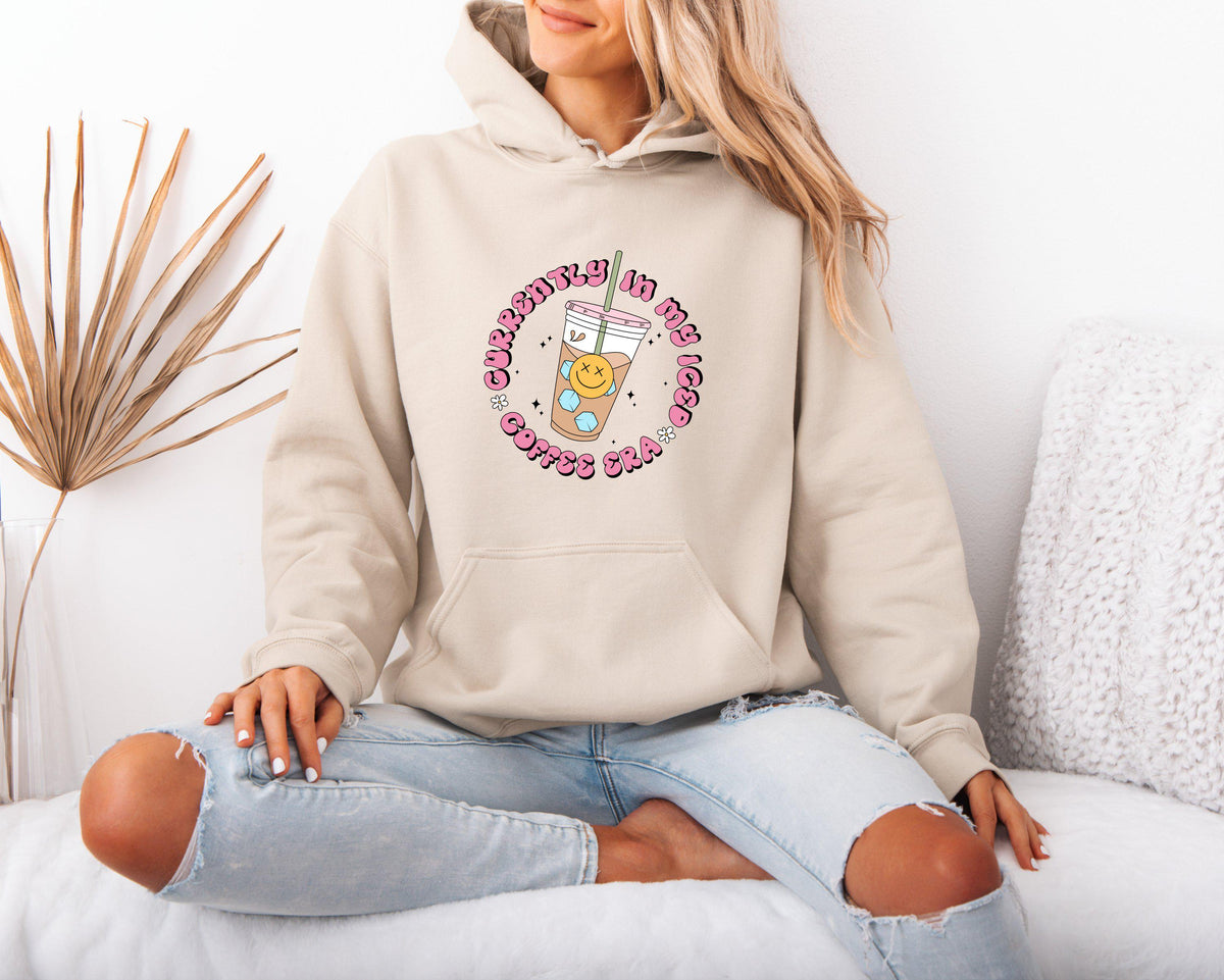 Mental health themed hoodie for women Currently in My Iced Coffee Era hoodie Unique graphic hoodie for iced coffee lovers Gift for her Hoodie – Bold Style · Perfect For Daily Wear