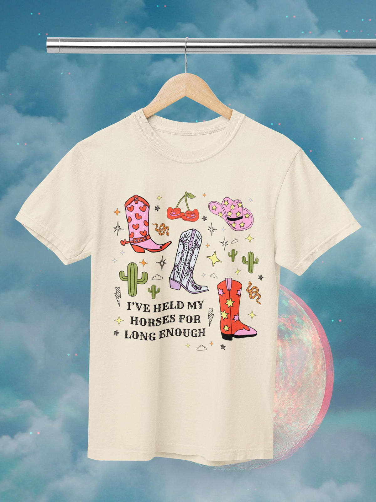 Funny Saying Western Tee Shirt Cute and Groovy Cacti and Stars Colorful TShirt with Cowgirl Boots Rodeo Country Boho Pink Cowboy Hat Tee Graphic Tee – Aesthetic Look · Perfect For Daily Wear