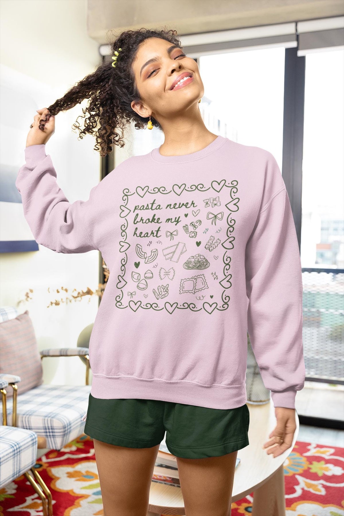 Funny Pasta Lover Sweatshirt Hearts and Cute Doodles Pasta Never Broke My Heart Cute Italian Food Dinner Club Shirt for Sister or Friend Sweatshirt – Everyday Comfort · Must-Have Style