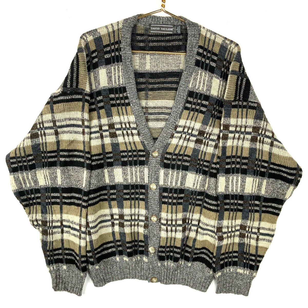 Vintage Grandpa Knit Sweater Size Large Gray Made In Usa Checkered Cardigan 90s Graphic Tee – Bold Style · High-Quality Print