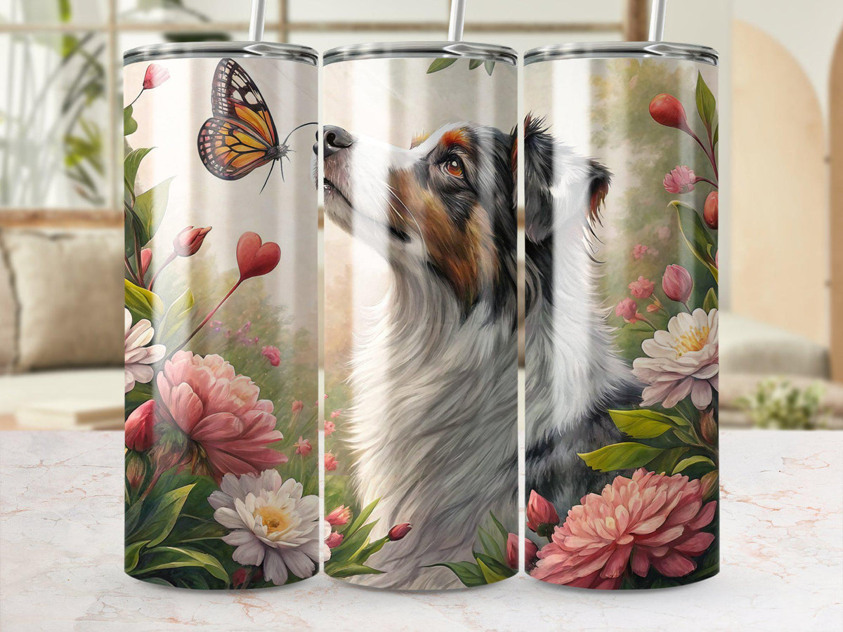 Beautiful Dog in Fields of Flowers Digital 20 oz Tumbler Wrap with Butterfly Colorful Floral Design Perfect Gift for Dog Lovers Graphic Tee – Feel-Good Design · Perfect For Daily Wear