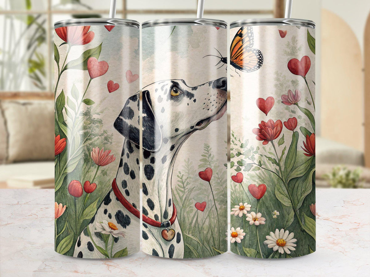 Dog in Flower Field with Butterfly Tumbler Wrap 20 oz Digital Tumbler Wrap Cute Dalmatian Dog Design Floral Tumbler Wrap PNG File Graphic Tee – Premium Graphic · High-Quality Print