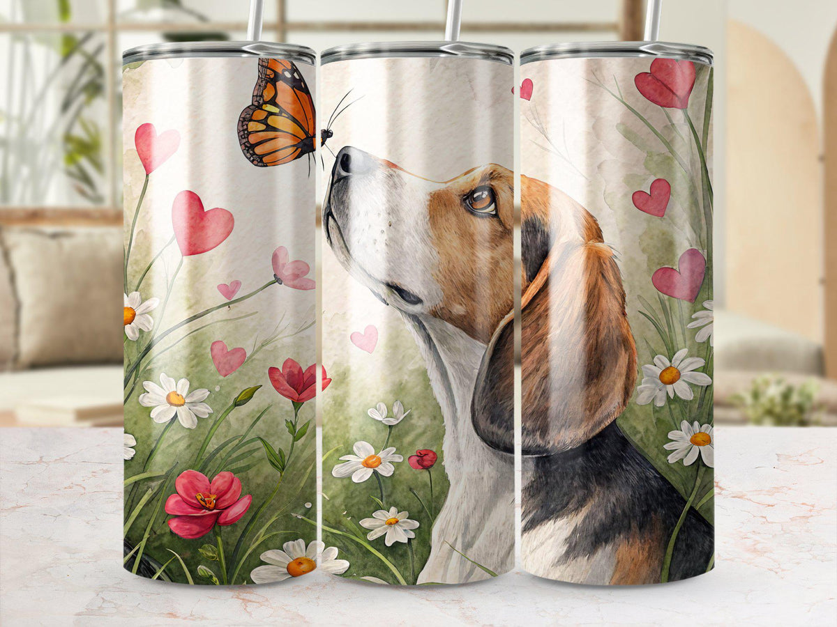 Digital 20 oz tumbler wrap dog in fields of flowers butterfly and hearts cute dog tumbler design floral dog tumbler art Graphic Tee – Everyday Comfort · Trending Graphic Apparel