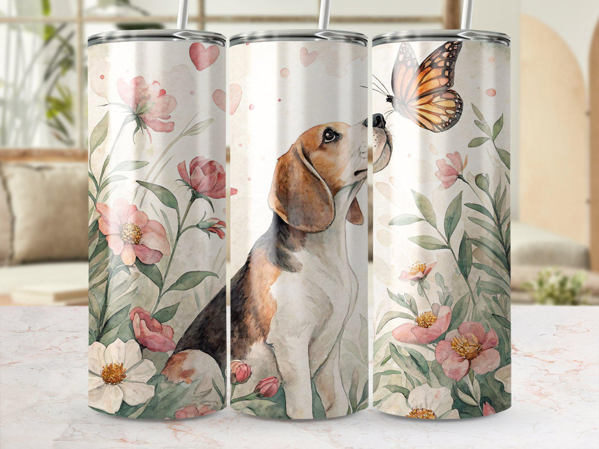 Beagle Dog Tumbler Wrap PNG Butterfly Floral Tumbler Design 20 oz Digital Wrap Cute Dog in Flowers Sublimation Design Print Graphic Tee – Fan Favorite · Top Pick For Any Outfit