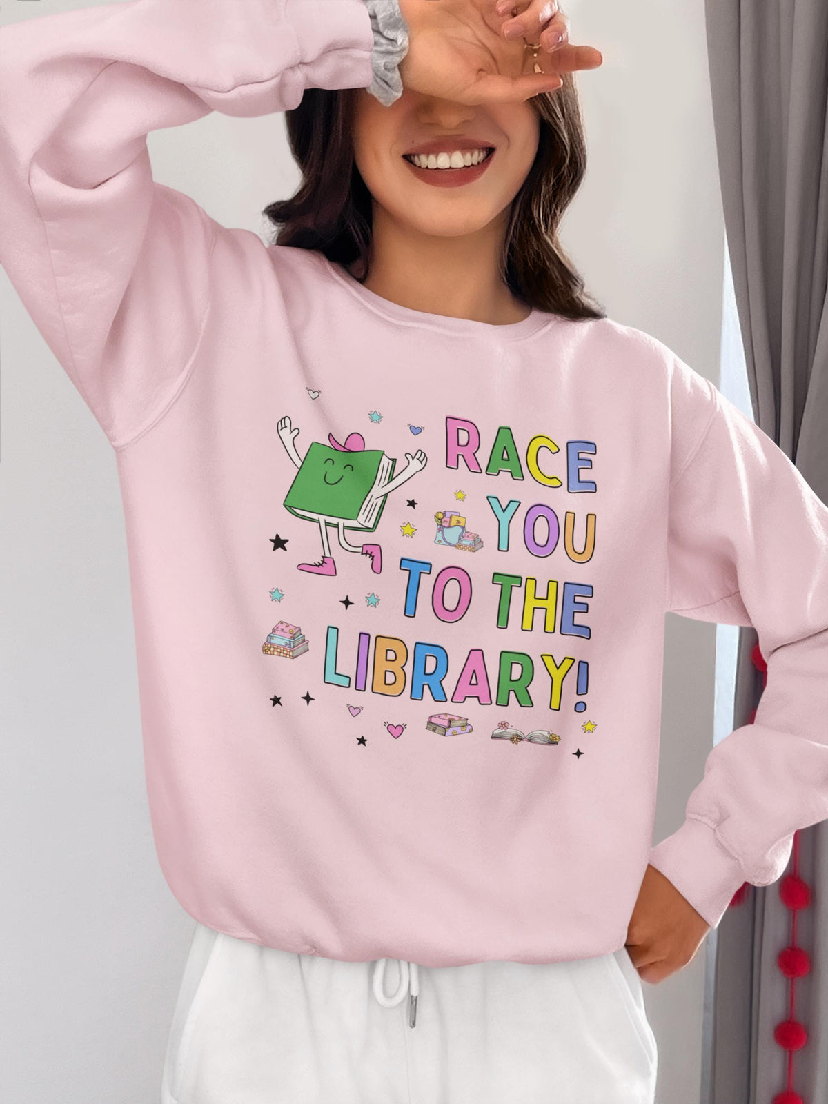 Book Lover Gift for Runner Who Loves Reading Race You To The Library Colorful 90s Aesthetic Sweatshirt with Stars Cute Bookish Crewneck Sweatshirt – Fan Favorite · Perfect For Daily Wear