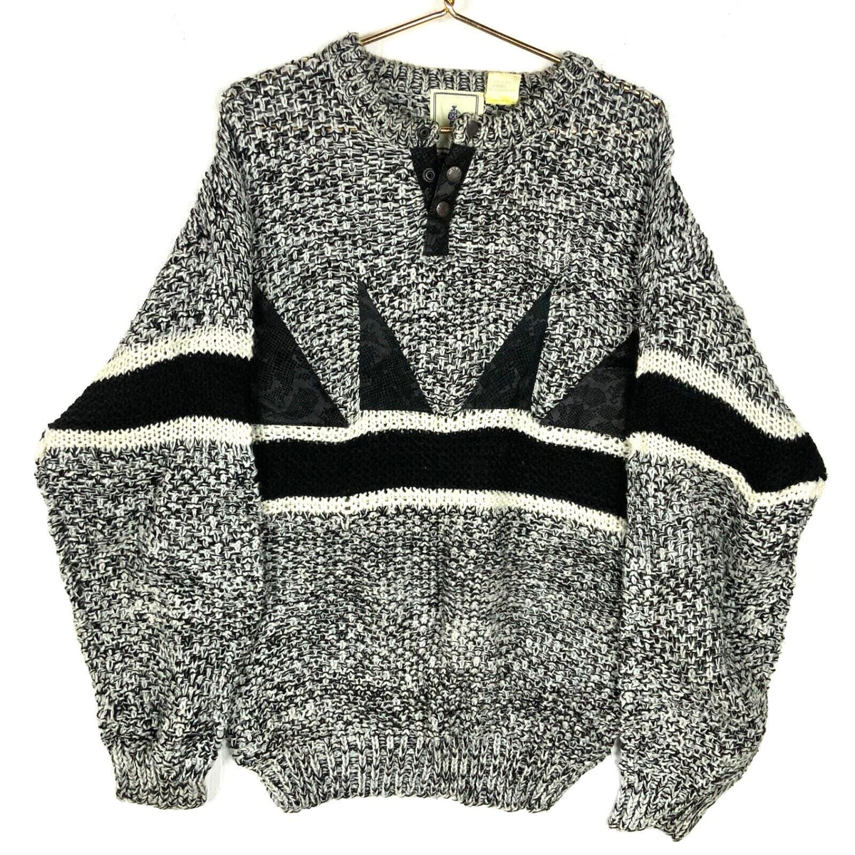Vintage Paco Knit Sweater XL Henley Leather Trim Striped 90s Graphic Tee – Aesthetic Look · Must-Have Style