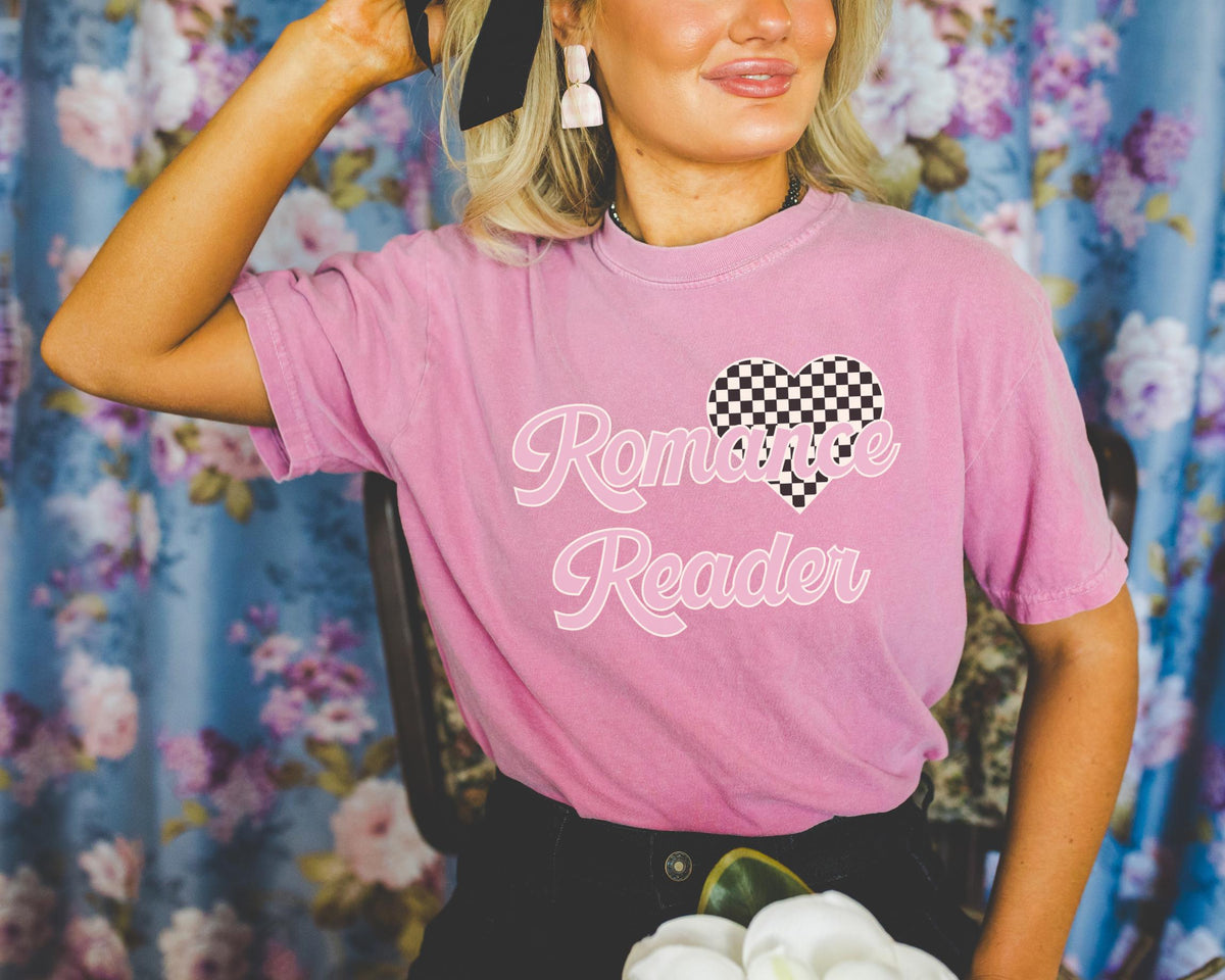 Romance Reader Tee Shirt with Checkered Heart Cute 90s Aesthetic Book Lover Gift Idea for Bookworm or Librarian Who Loves Romance Novels Graphic Tee – Soft Feel · Trending Graphic Apparel