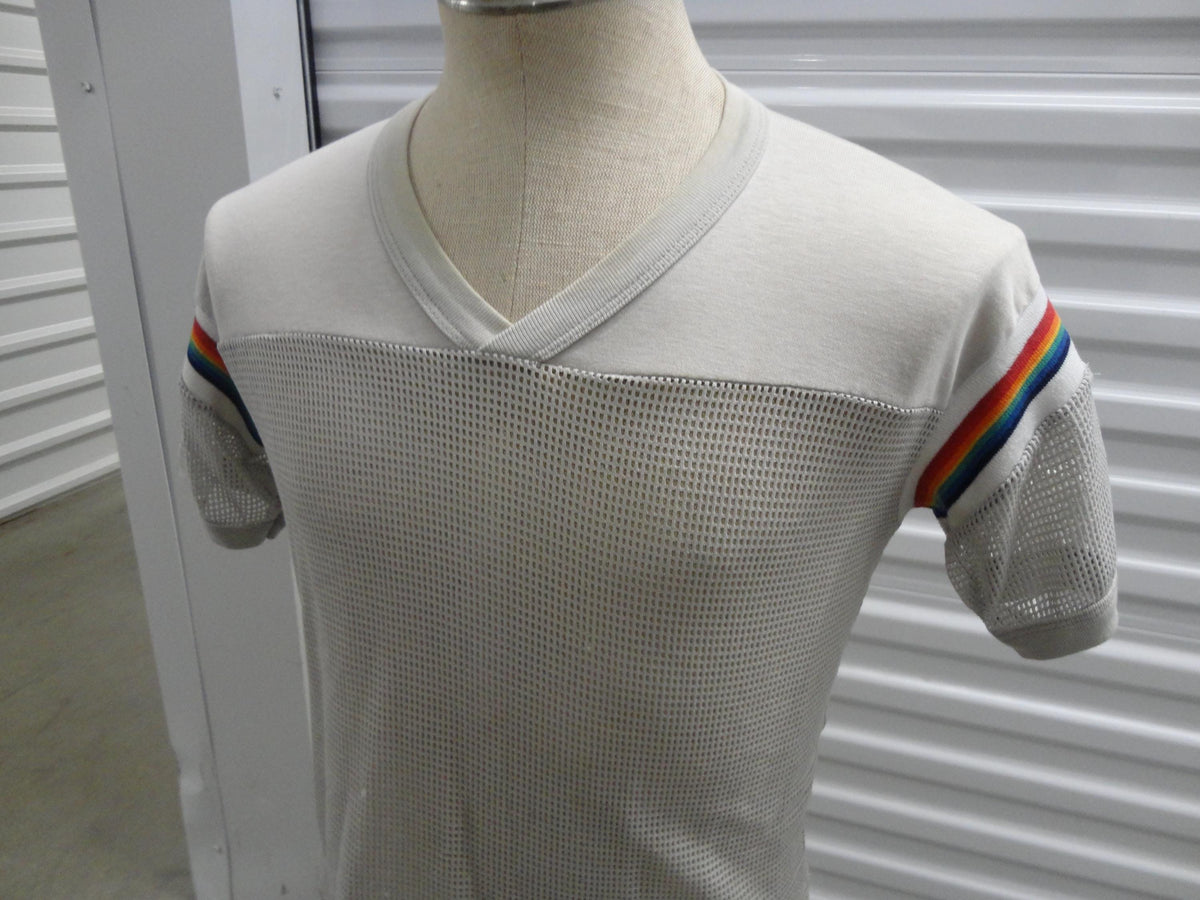 Vintage 8039s MESH RAINBOW Stripe crop top half T Shirt M Graphic Tee – Bold Style · Perfect For Daily Wear