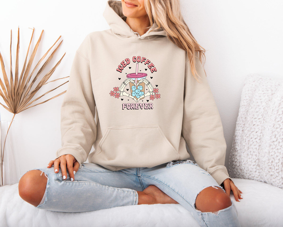 Iced Coffee Forever Hoodie Mental Health Themed Hoodie Women Coffee Lover Gift Skeleton Hand Graphic Cute Flower Print Sweatshirt Hoodie – Easygoing Wear · Great Gift For Fans