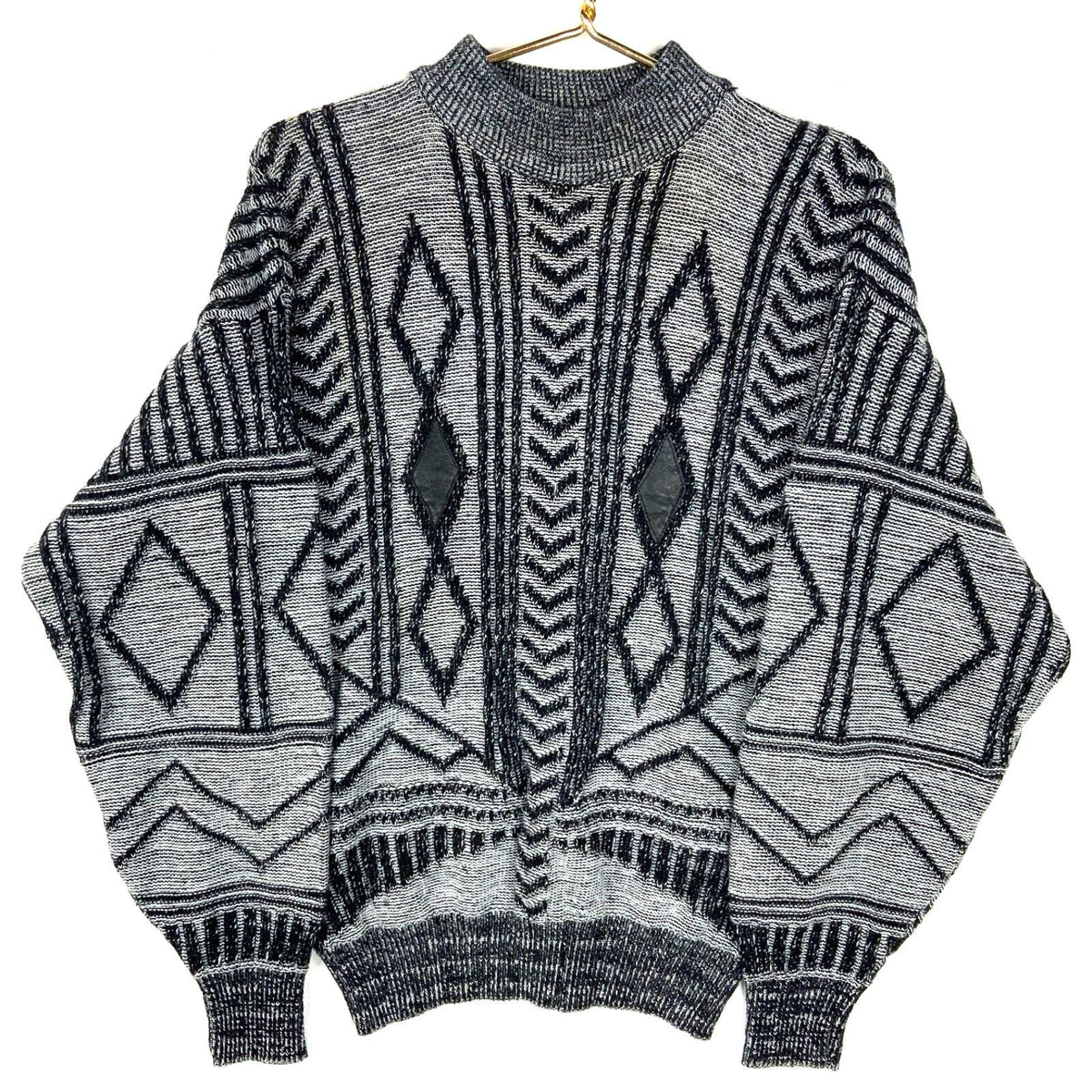 Vintage 3D Knit Crewneck Sweater Women Large Gray Leather Trim Argyle Arrows 90s Graphic Tee – Aesthetic Look · Perfect For Daily Wear