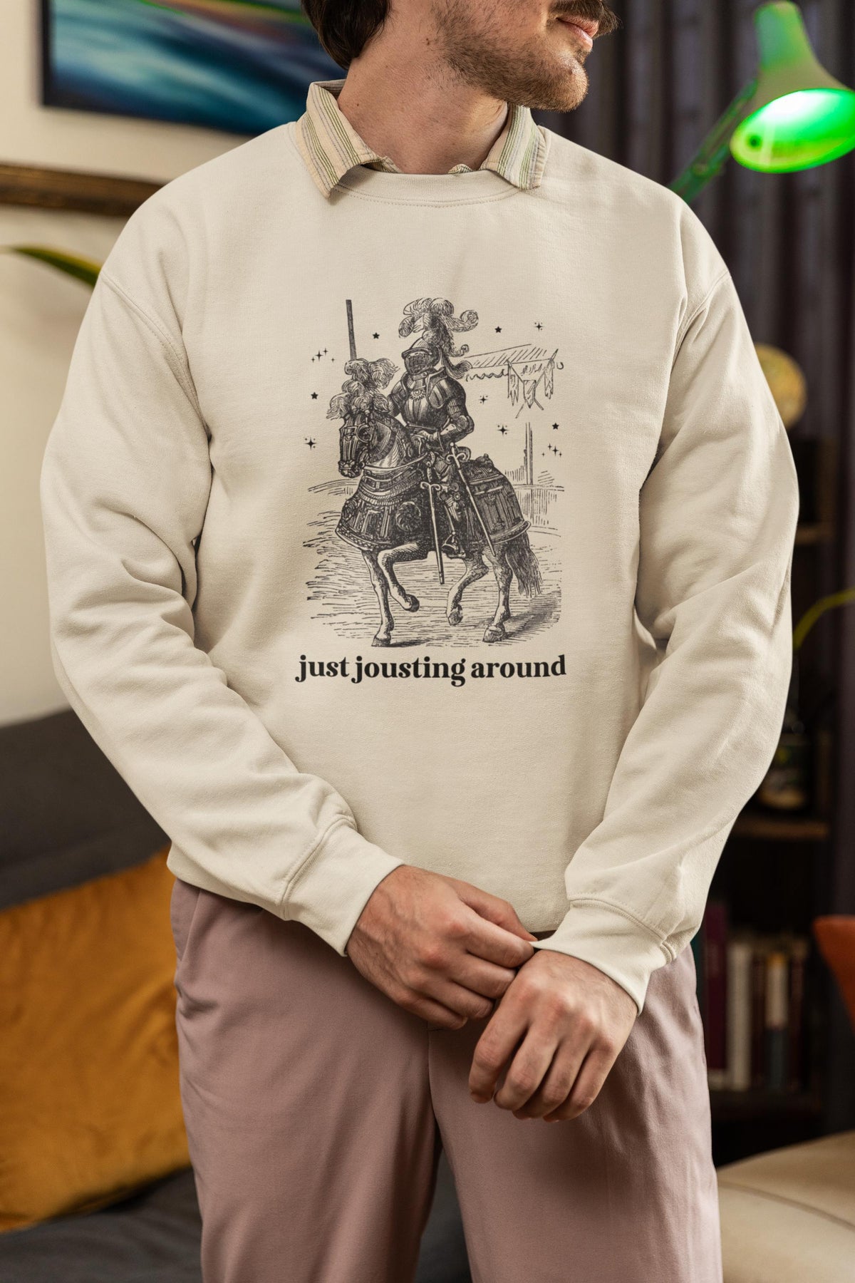 Medieval History Sweatshirt with Funny Saying Just Jousting Around Silly Goblincore Shirt with Stars and a Knight in Armor History Gift Sweatshirt – Everyday Comfort · Perfect For Daily Wear