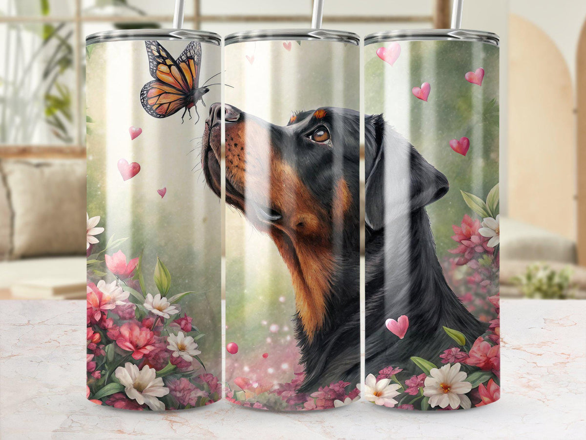 Digital 20 oz tumbler wrap dog in fields flowers butterfly Dog with butterfly tumbler wrap Cute nature tumbler wrap design Graphic Tee – Bold Style · Perfect For Daily Wear