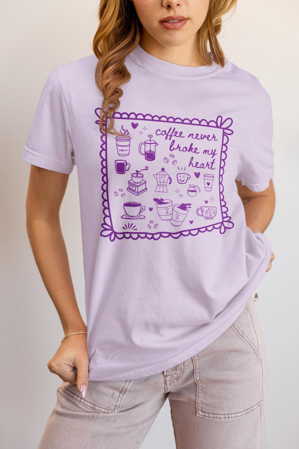 Silly Coffee Lover Gift with Adorable Y2K Aesthetic Doodles Coffee Never Broke My Heart Silly 90s Aesthetic Funny Saying Shirt for Friend Graphic Tee – Soft Feel · Trending Graphic Apparel