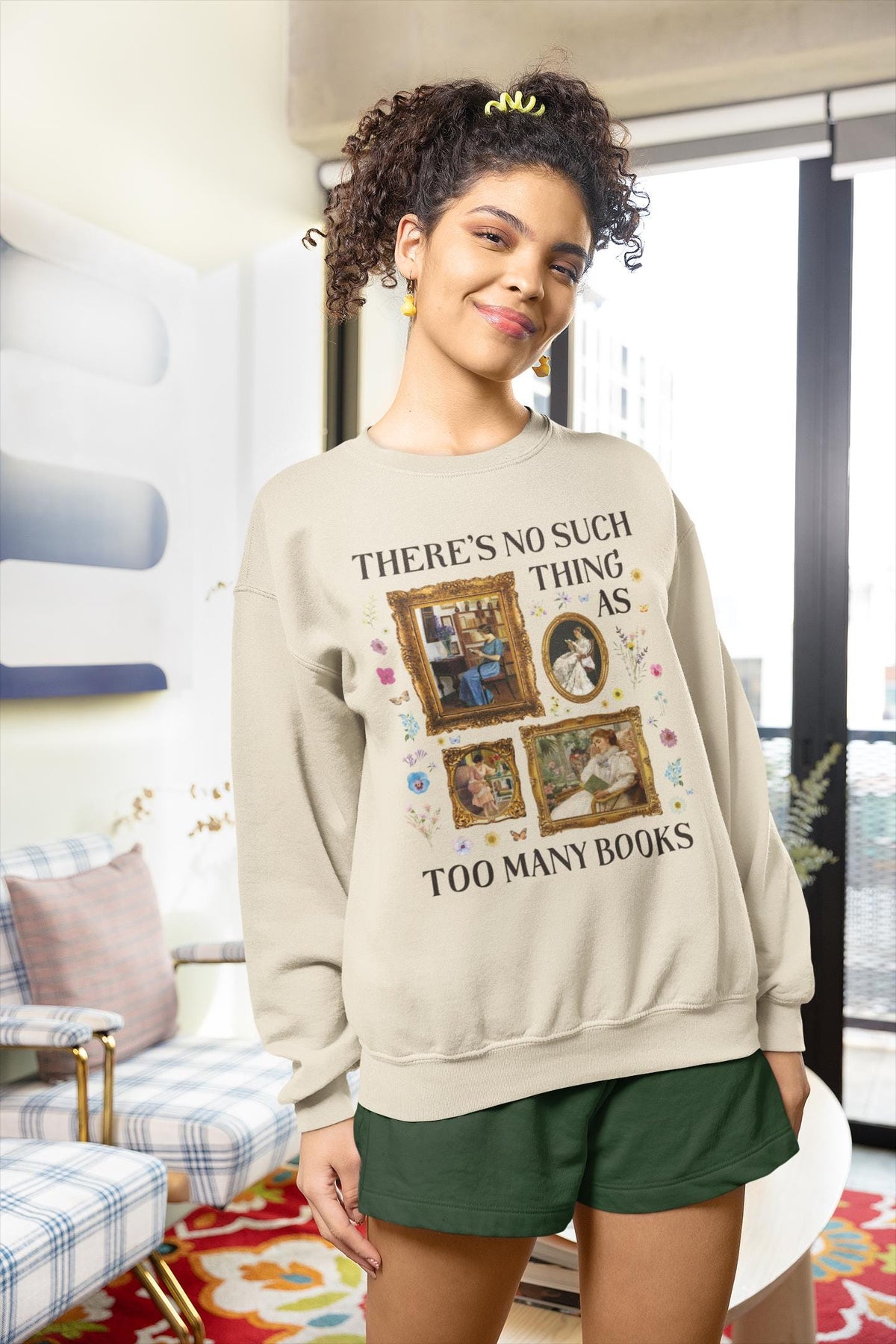 There39s No Such Thing As Too Many Books Art History Sweatshirt Famous Paintings of Women Reading Boho Pressed Flowers Book Lover Gift Sweatshirt – Aesthetic Look · Must-Have Style