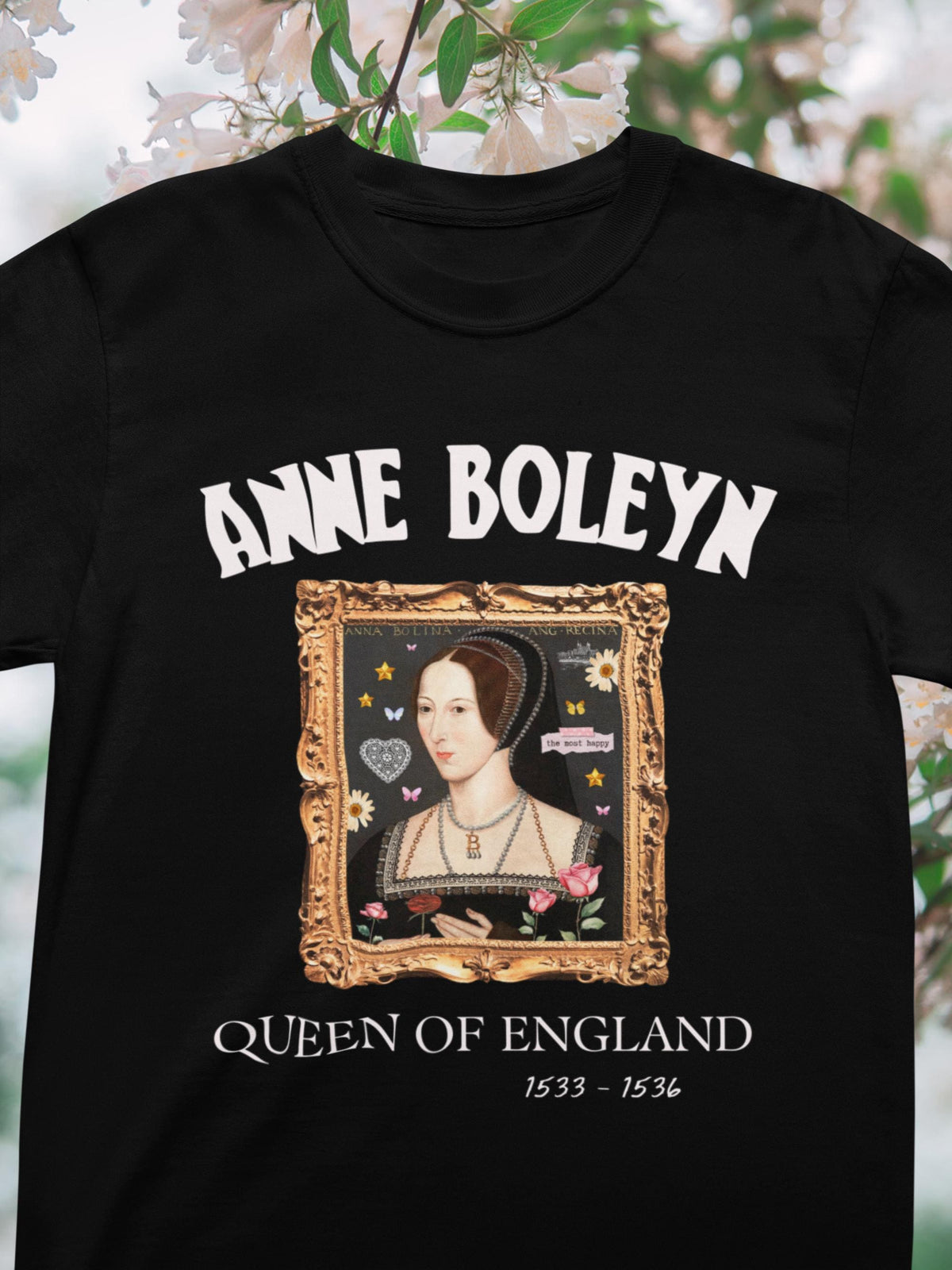 Anne Boleyn Tudor History TShirt with Flowers Cute 90s Scrapbook Vibe Famous Painting European History Famous Queens Henry VIII Wives Graphic Tee – Aesthetic Look · Trending Graphic Apparel