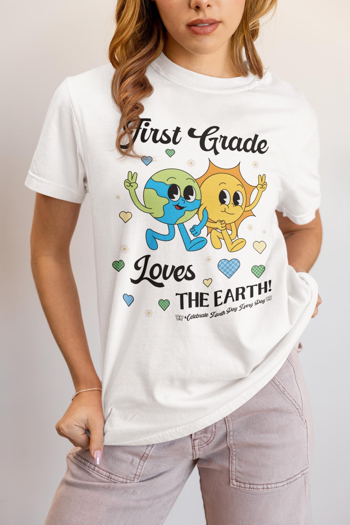 First Grade Teacher or Crew Earth Day Tee Shirt First Grade Loves the Earth Retro Groovy Save the Earth Environmental Climate Change Graphic Tee – Fan Favorite · High-Quality Print