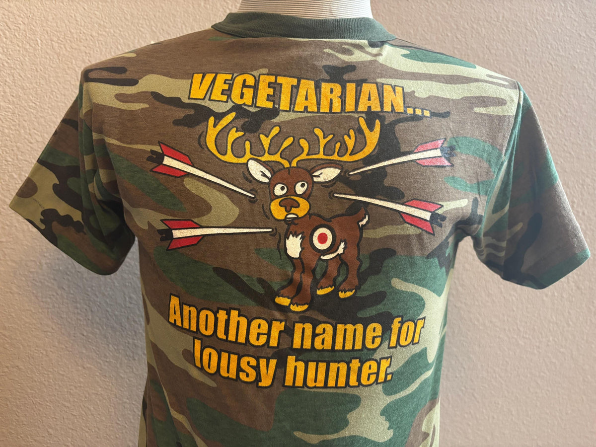 Vintage 80s Vegetarian Another Name For Lousy Hunter Camo Camouflage Santa Fe Tshirt S Graphic Tee – Warm & Stylish · Perfect For Daily Wear