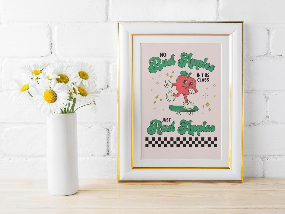 Silly Teacher Poster Print with Apple on a Skateboard No Bad Apples in this Class Just Rad Apples Second Grade Teacher Groovy Retro Vibe Graphic Tee – Soft Feel · Great Gift For Fans