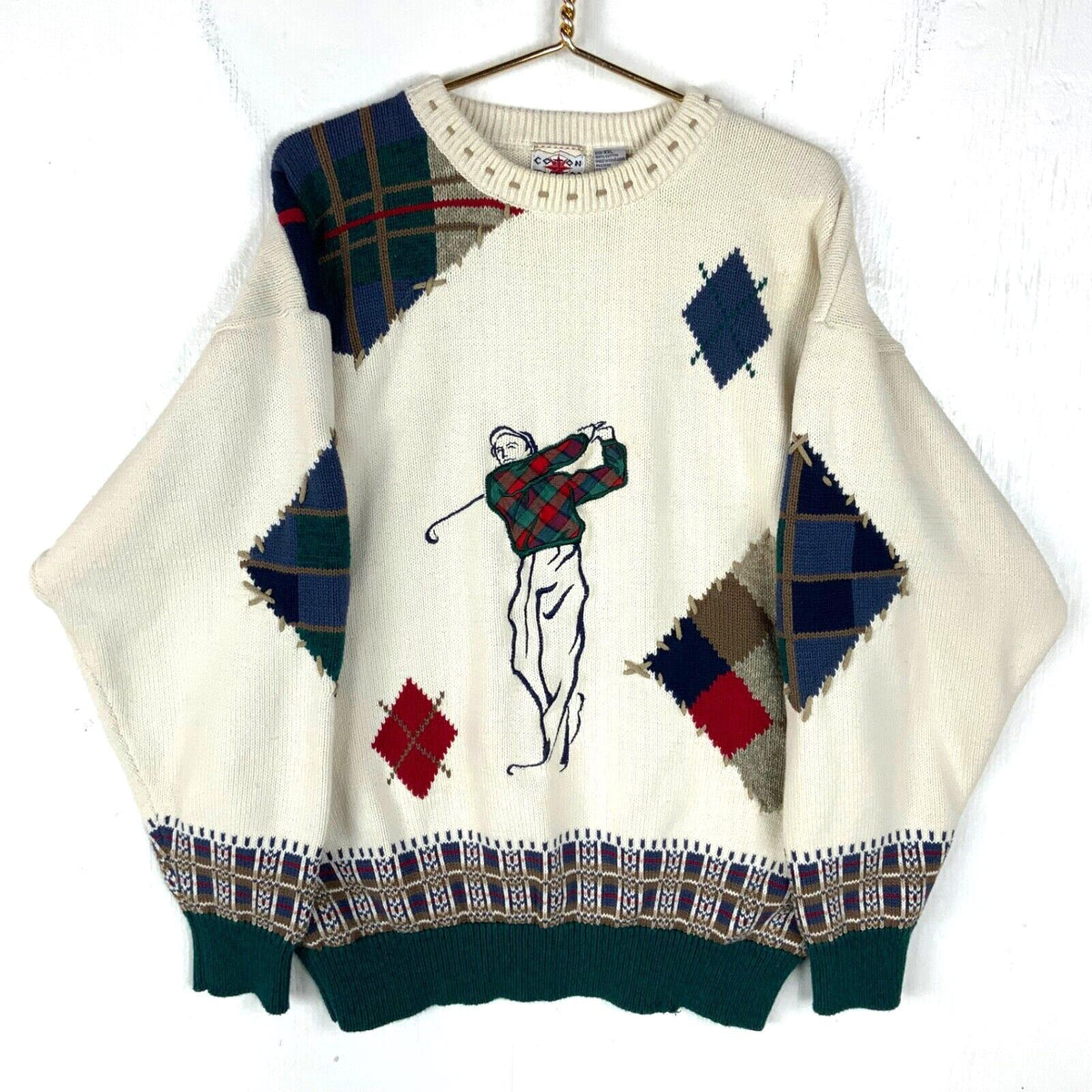 Vintage Cotton Traders Grandpa Knit Sweater Size 2XL White Argyle Chunky Golfer Graphic Tee – Aesthetic Look · Trending Graphic Apparel
