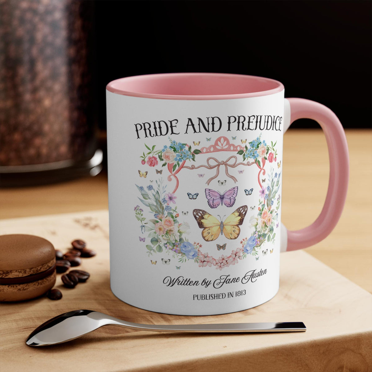 Pride and Prejudice Coffee Mug for Jane Austen Romance Reader Cute Book Lover Gift Idea 19th Century Classic Literature Mug with Butterfly Graphic Tee – Aesthetic Look · Perfect For Daily Wear