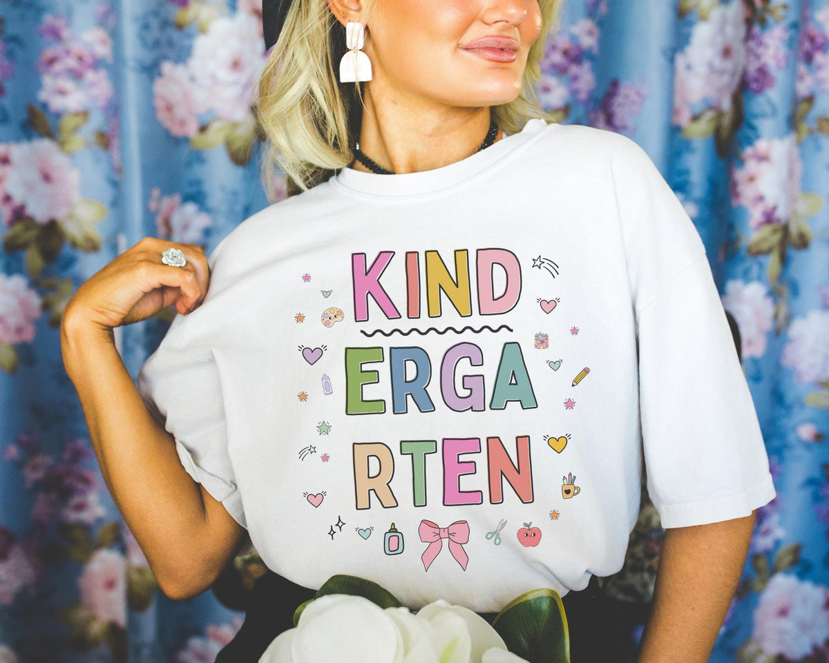 Kindergarten Teacher Tee Shirt with Cute 90s Aesthetic Doodles Colorful Matching Teacher TShirt for Kindergarten Crew New Teacher Present Graphic Tee – Soft Feel · Perfect For Daily Wear