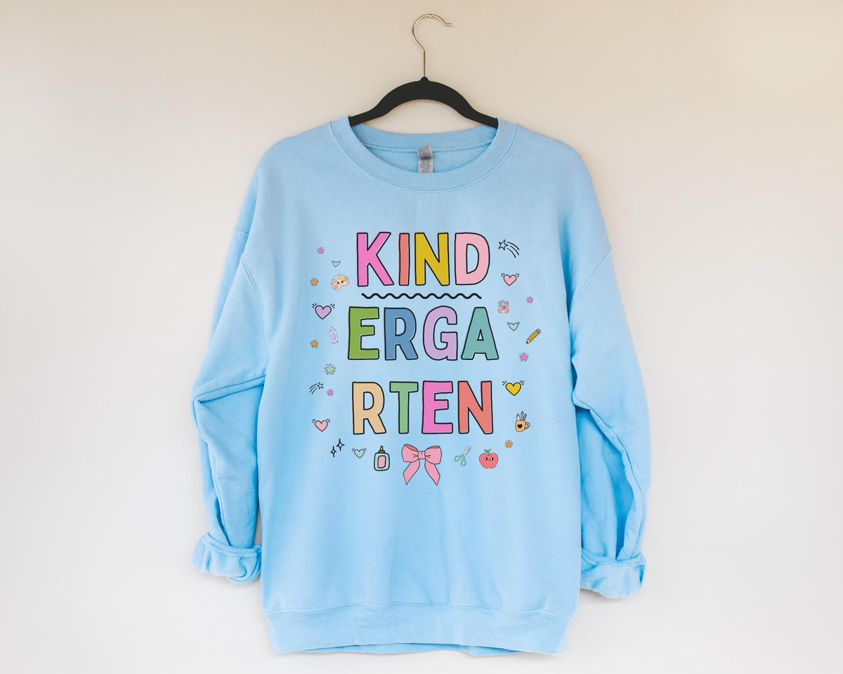Kindergarten Teacher Sweatshirt Cute 90s Aesthetic Doodles Colorful Matching Teacher Crewneck for Kindergarten Crew New Teacher Present Sweatshirt – Everyday Comfort · Must-Have Style