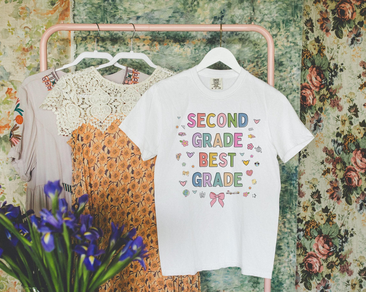 Second Grade Teacher Tee Shirt with Cute 90s Aesthetic Doodles Colorful Matching Teacher TShirt for Second Grade Crew New Teacher Present Graphic Tee – Fan Favorite · Perfect For Daily Wear
