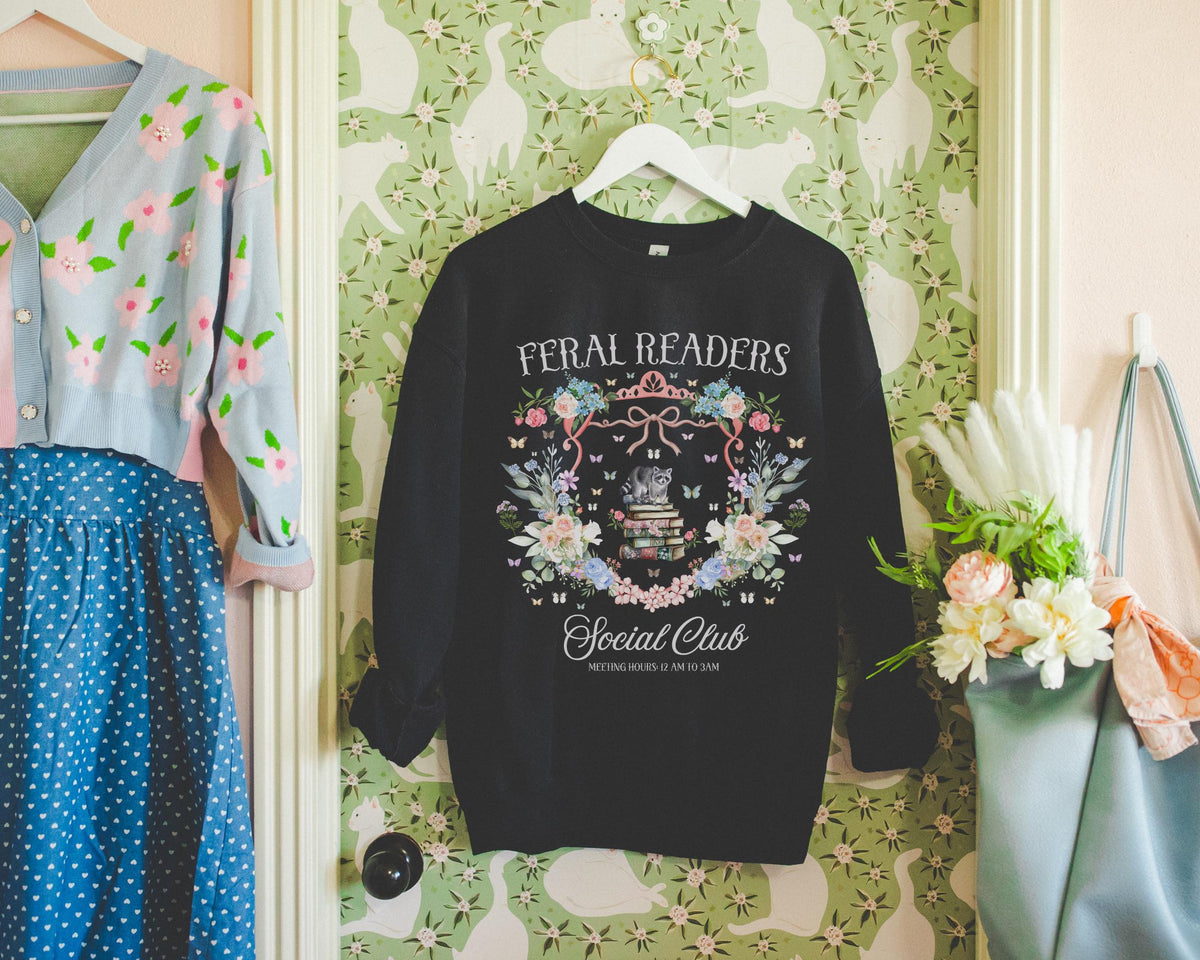 Raccoon Bookish Sweatshirt Feral Readers Social Club Cozy Goblincore Shirt Animal Lover who Reads Romance Reader or Librarian Crewneck Sweatshirt – Warm & Stylish · Must-Have Style