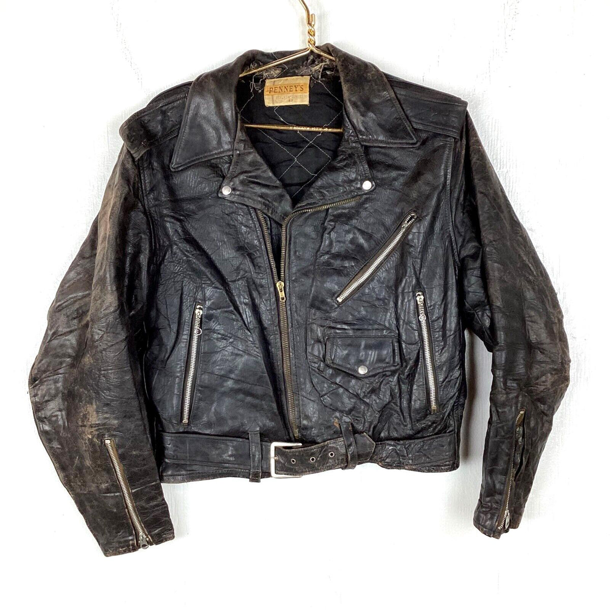 Vintage 1950s Steer hide Leather Motorcycle Jacket 42 Black Distressed Jc Penny Graphic Tee – Bold Style · Perfect For Daily Wear
