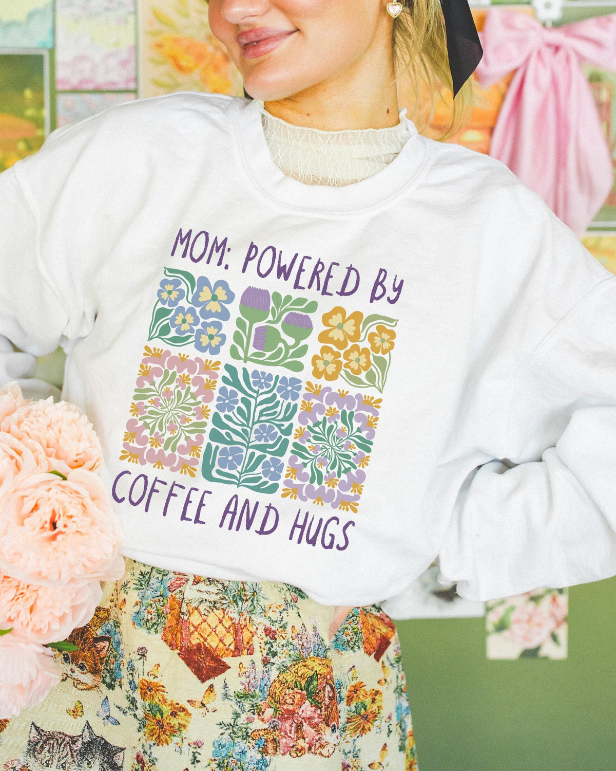 Mother39s Day Coffee Lover Sweatshirt for New Mama Who Loves Coffee and Flowers Powered by Coffee and Hugs Cute Present for Pregnant Sister Sweatshirt – Aesthetic Look · Perfect For Daily Wear
